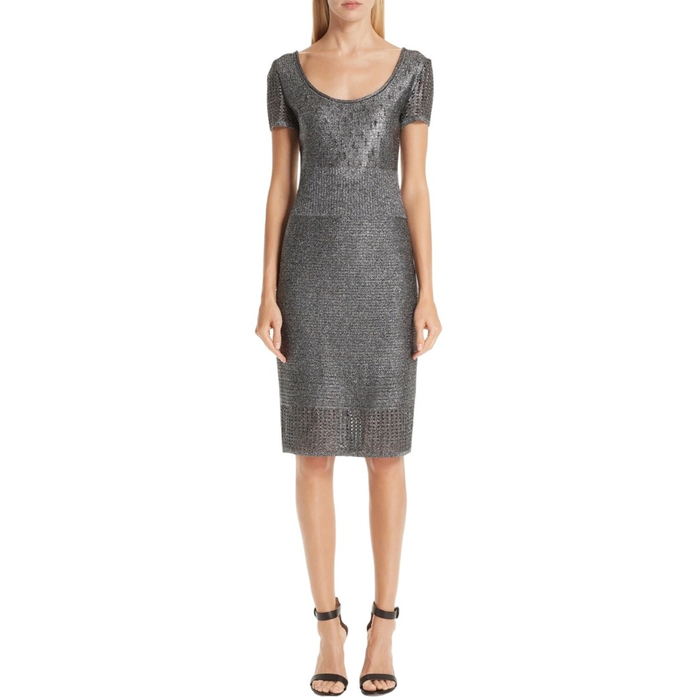 St. John Metallic Plaited Mixed Knit Dress Size 14
